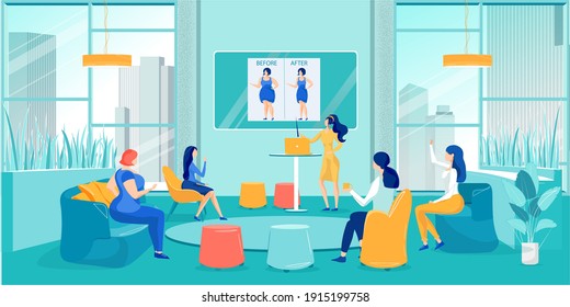 Effective Weight Loss Program, Diet Plan and Nutrition Control, Successful Training Before and After Result Presentation for Women. Conference Hall Interior. Vector Flat Cartoon Illustration