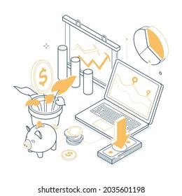 Effective work concept - isometric black and yellow line illustration