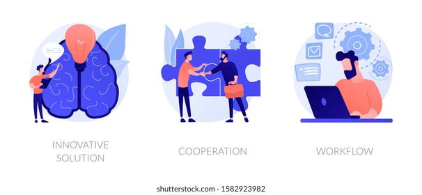 Efectivo conjunto de iconos de trabajo. Generación de ideas creativas, creación de equipos, gestión de la productividad. Solución innovadora, cooperación, metáforas de flujo de trabajo. Ilustraciones de metáforas conceptuales aisladas por vectores