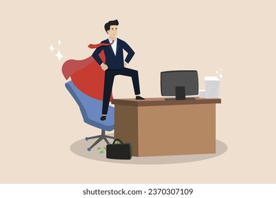 Trabajo efectivo, trabajo a tiempo, motivación para completar una tarea o logro, rendimiento o concepto de desafío, superhéroe empresario que completa el trabajo a tiempo en la oficina. El negocio de la ilustración.