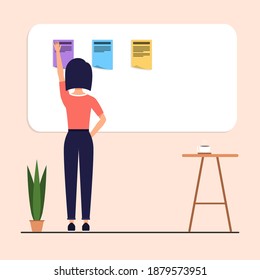 effective work planning, time management. the woman stood on a board filled with notes. with one hand towards the purple paper. on the right there is a table with drinks. flat style vector