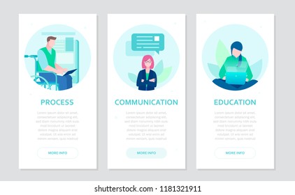 Effective work - set of flat design style banners on grey background with place for text. Process, communication, education concepts. Businesspeople at laptops. Image of disabled worker in wheelchair