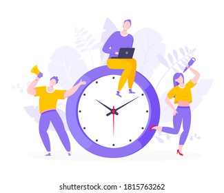 Effektives Arbeitszeitmanagement Business-Konzept Flach-Design Vektorgrafik. Kleine Leute mit Megaphon und großer Uhr arbeiten zusammen. Zeitmanagement oder Termine-Metapher.