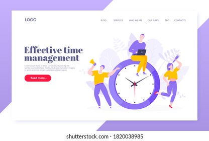 Effective work time management business concept flat style design vector illustration. Tiny people with megaphone and big clock working together. Time management or deadline web, template.