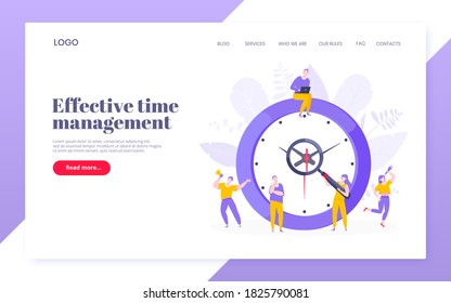 Effective work time management business concept flat style design vector illustration. Tiny people with megaphone and big clock working together. Time management or deadline web, template.