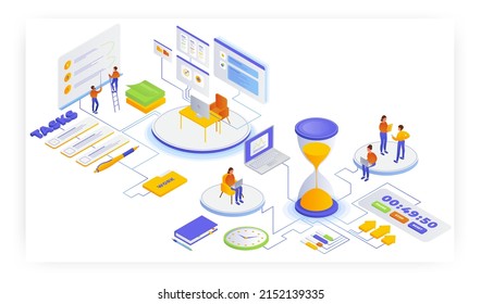 Gestión eficaz del tiempo de trabajo, ilustración isométrica vectorial. Administración de tareas, flujo de trabajo, planificación programada, fecha límite.