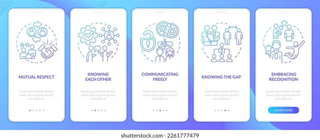 Pantalla de aplicación móvil de degradado azul para las relaciones laborales efectivas. Recorrido 5 pasos instrucciones gráficas con conceptos lineales. UI, UX, plantilla GUI. Multitud de tipos de letra Pro-Bold, con uso regular