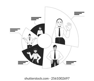 Effective workload distribution black and white 2D illustration concept. Allocating tasks among team members. Employees responsibilities outline characters isolated. Metaphor monochrome vector art