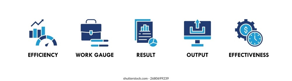 Concepto de la ilustración del icono del Web del Anuncio con el icono de la eficacia, del indicador del trabajo, del resultado, de la salida, y de la eficacia