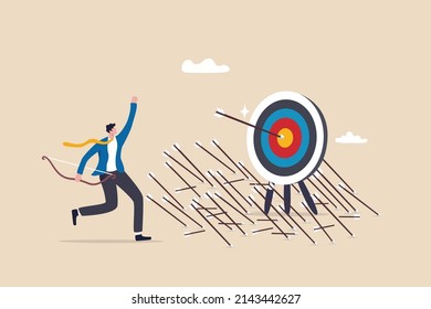 Effectiveness and efficiency to measure success rate, effort or cost to reach goal or target, practice until succeed concept, cheerful businessman finally hit target after too many unsuccessful tries. - Shutterstock ID 2143442627