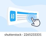 Effectiveness of targeted advertising and pay-per-click campaigns concept. User clicks on text ad block on search engine. Cursor hovering over the advertising, which is highlighted on the page