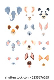 Effects with animal faces for selfies vector illustrations set. Collection of masks with animal ears, noses and muzzles for video chat or mobile application on white background. Entertainment concept