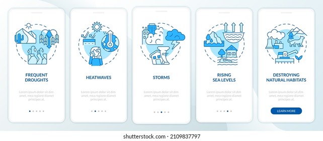 Auswirkungen des Klimawandels blauer Onboarding-Mobile-App-Bildschirm. Exemplarische Vorgehensweise für 5 Schritte Seiten mit grafischen Instruktionen mit linearen Konzepten. UI, UX, GUI-Vorlage. Myriad Pro-kühne, Standardschriftarten verwendet