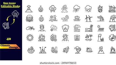 Effects of Climate Change, Extreme Weather Icon Set, with world heat temperature, globe greenhouse effect, air pollution.