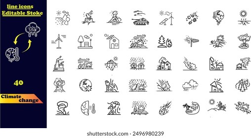 Effects of Climate Change, Extreme Weather Icon Set, with world heat temperature, globe greenhouse effect, air pollution.