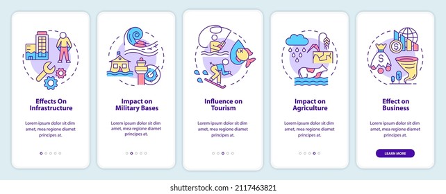 Effects of climate change on the economy onboarding mobile app screen. Walkthrough 5 steps graphic instructions pages with linear concepts. UI, UX, GUI template. Myriad Pro-Bold, Regular fonts used