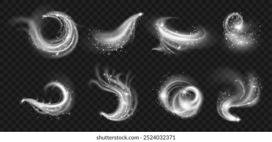 Effects of cold winter wind with snow and glowing particles. Vector icy blows or air steam motions with shining snowflakes and particles in shape of whirlwind and wave, spray and flow