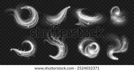 Effects of cold winter wind with snow and glowing particles. Vector icy blows or air steam motions with shining snowflakes and particles in shape of whirlwind and wave, spray and flow