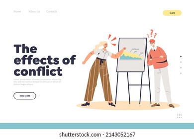 Effects Of Conflict Landing Page With Colleagues Arguing At Work. Business Partners Irritated Discussing Project. Stressed Coworkers Suffer From Misunderstanding. Cartoon Flat Vector Illustration