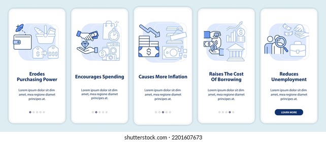 Effects of inflation light blue onboarding mobile app screen. Walkthrough 5 steps editable graphic instructions with linear concepts. UI, UX, GUI template. Myriad Pro-Bold, Regular fonts used