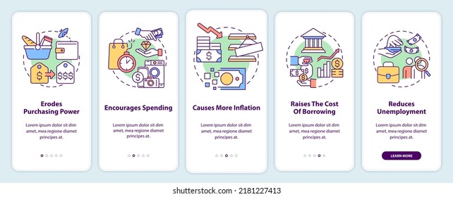 Effects of inflation onboarding mobile app screen. Walkthrough 5 steps editable graphic instructions with linear concepts. UI, UX, GUI template. Myriad Pro-Bold, Regular fonts used