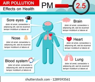 Effects On Health Air Pollution On Human Body, PM2.5, Infographic Flat Vector Illustration Set.