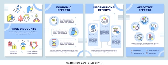 Effects of price discounts blue brochure template. Leaflet design with linear icons. Editable 4 vector layouts for presentation, annual reports. Arial-Black, Myriad Pro-Regular fonts used