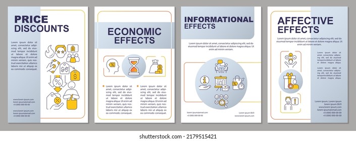 Effects of price discounts grey brochure template. Leaflet design with linear icons. Editable 4 vector layouts for presentation, annual reports. Arial, Myriad Pro-Regular fonts used