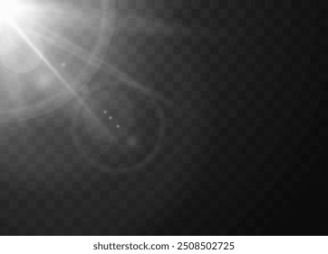 The effects of sunlight with bright sunlight. A vector illustration displaying glowing flashes of light is ideal for decorating a summer or spring background.
