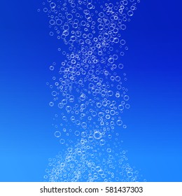 Effervescent air bubbles in water on blue background vector illustration. Underwater sparkling oxygen fizzy sparkles in spiral