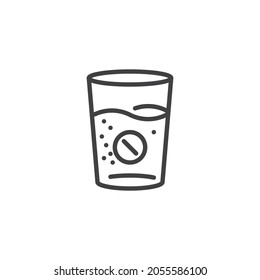 Effervescent Aspirin Tablet Glass Line Icon. Linear Style Sign For Mobile Concept And Web Design. Glass Of Water With Tablet Outline Vector Icon. Symbol, Logo Illustration. Vector Graphics