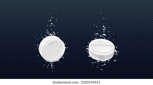 Effervescent aspirin tablet with underwater bubble. Fizzy white medicine vitamin isolated on transparent background. Paracetamol dose sparkling. Pharmaceutical solution from migraine to drink