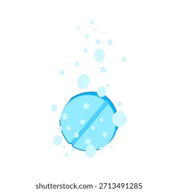 Tableta azul efervescente que se disuelve en agua creando Pequeñas burbujas, que simbolizan un alivio rápido, salud y una reacción química para medicamentos o vitaminas