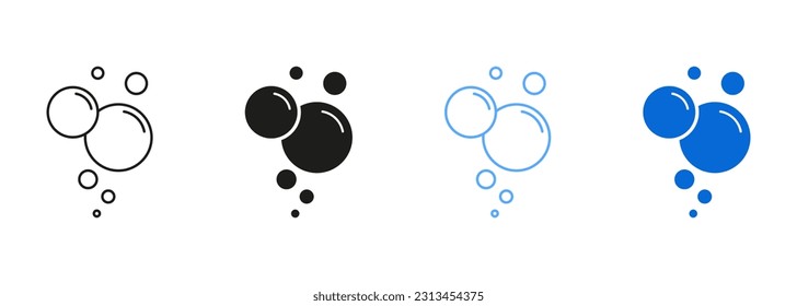 Effervescent Champagne, Clear Soda, Aquarium Sphere Drops Symbol Collection. Soap, Foam, Fizzy Drink Black and Blue Pictogram. Water Bubbles Line and Silhouette Icon Set. Isolated Vector Illustration.