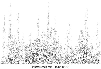 Effervescent drink. Underwater  black fizzing air bubbles on white  background. Fizzy sparkles in water, sea, aquarium, ocean. Fizz. Undersea vector texture.
