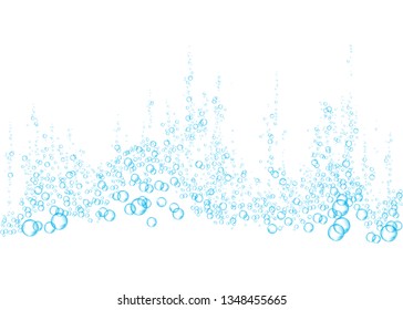 Effervescent drink. Underwater blue fizzing air bubbles on white  background. Fizzy sparkles in water, sea, aquarium, ocean. Fizz. Undersea vector texture.