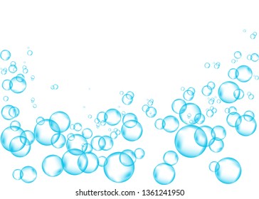 Effervescent drink. Underwater blue fizzing air bubbles on white  background. Fizzy sparkles in water, sea, aquarium, ocean. Fizz. Undersea vector texture.