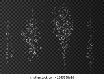  Bebida efervescente. Burbujas de aire blancas bajo el agua sobre fondo negro. Fizzy chispas en el agua, mar, acuario, océano. Fizz. Textura vectorial submarina.