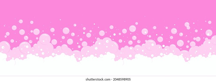 Effervescent and fizzy border. Soap bubbles and foam cartoon vector pink background, transparent suds pattern. Abstract illustration