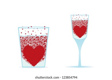 Effervescent heart in water with bubbles. Illustration with a red valentine heart