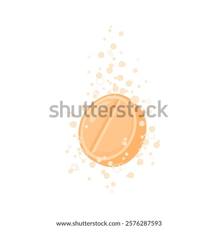 Effervescent orange tablet isolated on white background. Vitamin C pill soluble in water. Vector cartoon flat illustration.