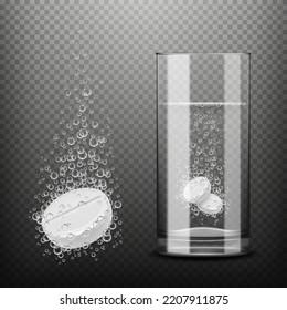 Effervescent pill with bubbles, fizzy vitamin in water glass or soluble tablet, realistic vector. Isolated effervescent pill of aspirin tablet in sparkling glass of water on transparent background