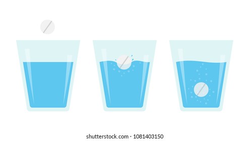 Effervescent Pill Dissolve In A Glass Of Water. Flat Vector Illustration Of Fizzy Tablet.