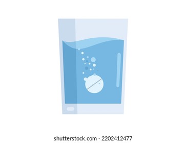 Effervescent pill dissolving into a cup of water. Simple flat illustration.