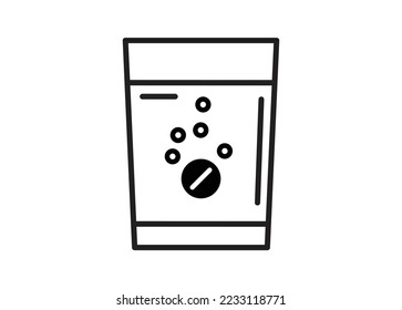 Effervescent pill dissolving into a cup of water. Simple illustration in black and white.