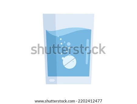 Effervescent pill dissolving into a cup of water. Simple flat illustration.
