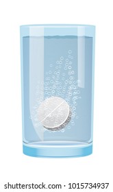 Effervescent pill dissolving in water cup. Glass mug for pharmacy headache medicine or aspirin pain treatment vitamins. High resolution