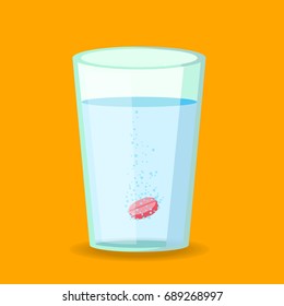 Effervescent pill dissolving in water cup. Flat design of tablets falling on bottom of transparent glass mug for pharmacy headache medicine or aspirin pain treatment vitamins. Vector illustration