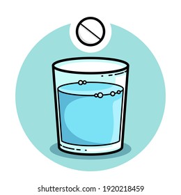 Effervescent pill falling into glass of water vector illustration isolated on white, medicament logo or icon.