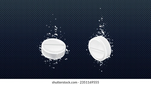 Effervescent pills falling in water. Vector realistic illustration of fizzy round tablets underwater view with bubbles, painkiller medicine dissolving in liquid, soluble medication, disease treatment